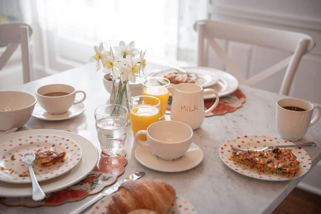 A plate of breakfast quiche on a table at our New England bed and breakfast