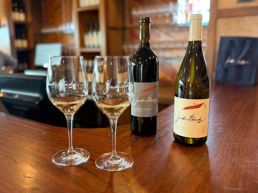 Glasses of wine on the bar at Jonathan Edwards Winery in Stonington, CT