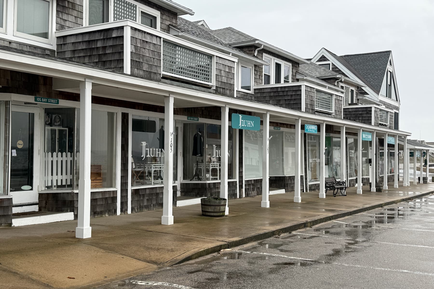 Shops in Watch Hill, RI on a rainy day